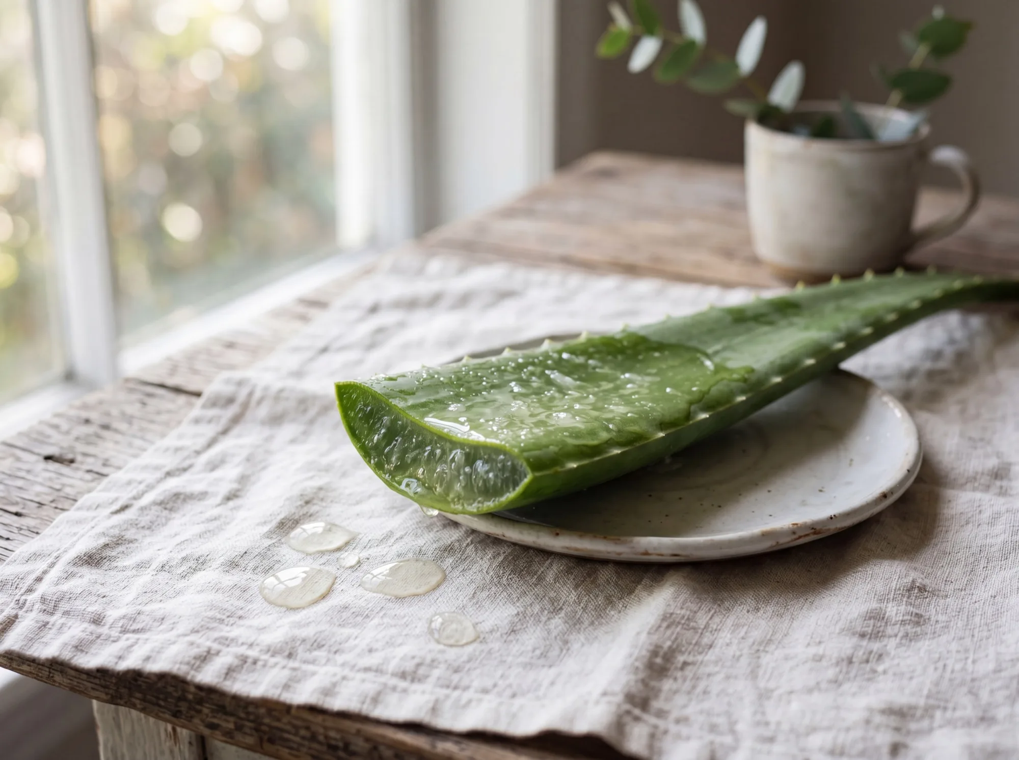 Frische halbierte Aloe-Vera mit sichtbarem Gel auf Leinen